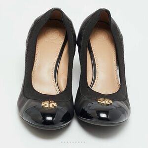 Tory Burch Jolie Black Ballet Flats With Gold Logo Leather Wedge Pumps Size 10
